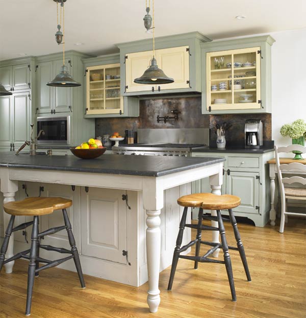 Stylish kitchen with blue white wooden kitchen cabinets